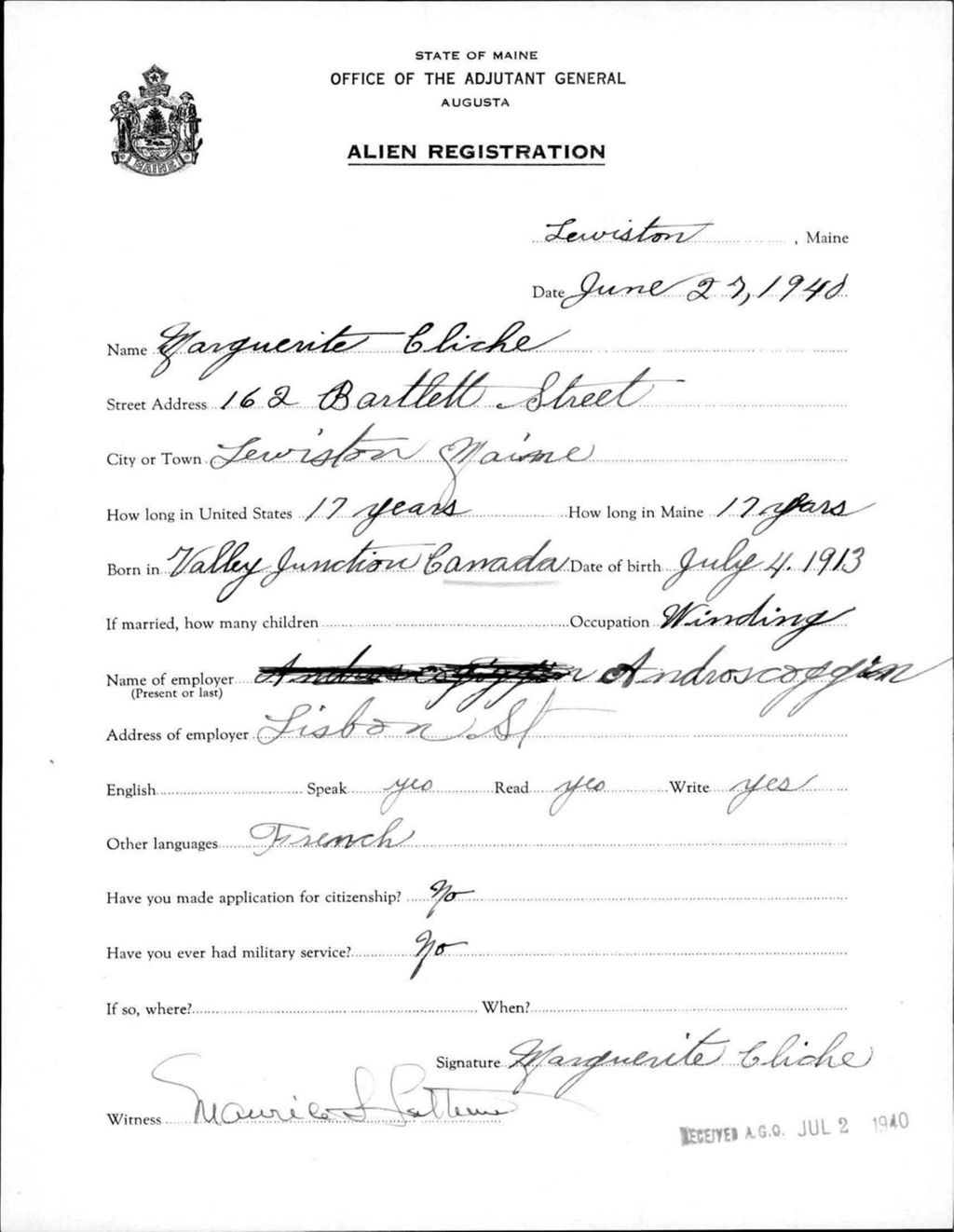 Miniature of Alien Registration- Cliche, Marguerite (Lewiston, Androscoggin County)