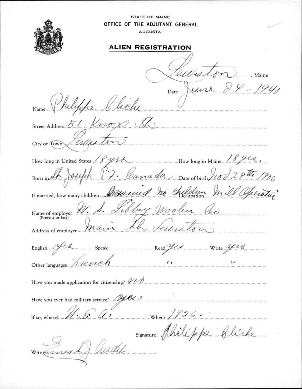 Miniature of Alien Registration- Cliche, Philippe (Lewiston, Androscoggin County)