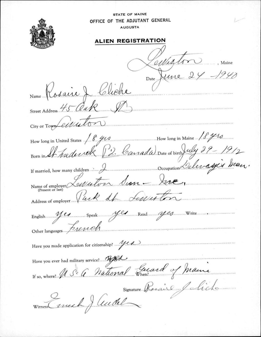 Miniature of Alien Registration- Cliche, Rosaire J. (Lewiston, Androscoggin County)