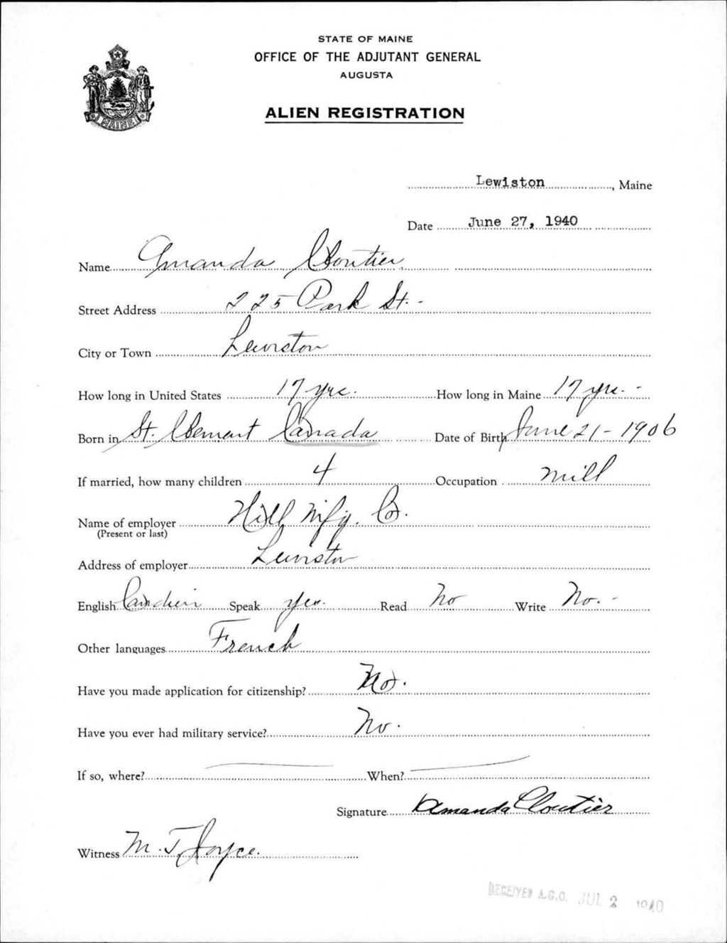 Miniature of Alien Registration- Cloutier, Amanda (Lewiston, Androscoggin County)