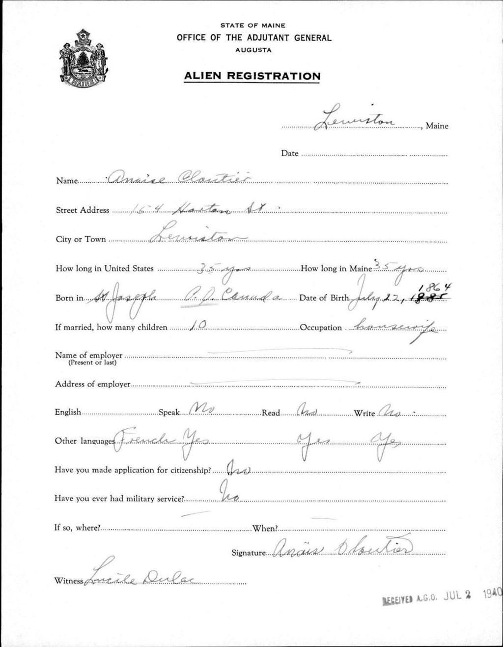 Miniature of Alien Registration- Cloutier, Amaise (Lewiston, Androscoggin County)