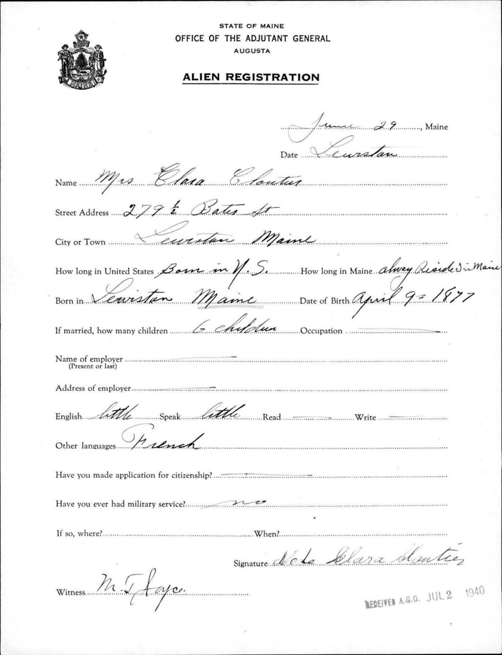 Miniature of Alien Registration- Cloutier, Clara (Lewiston, Androscoggin County)