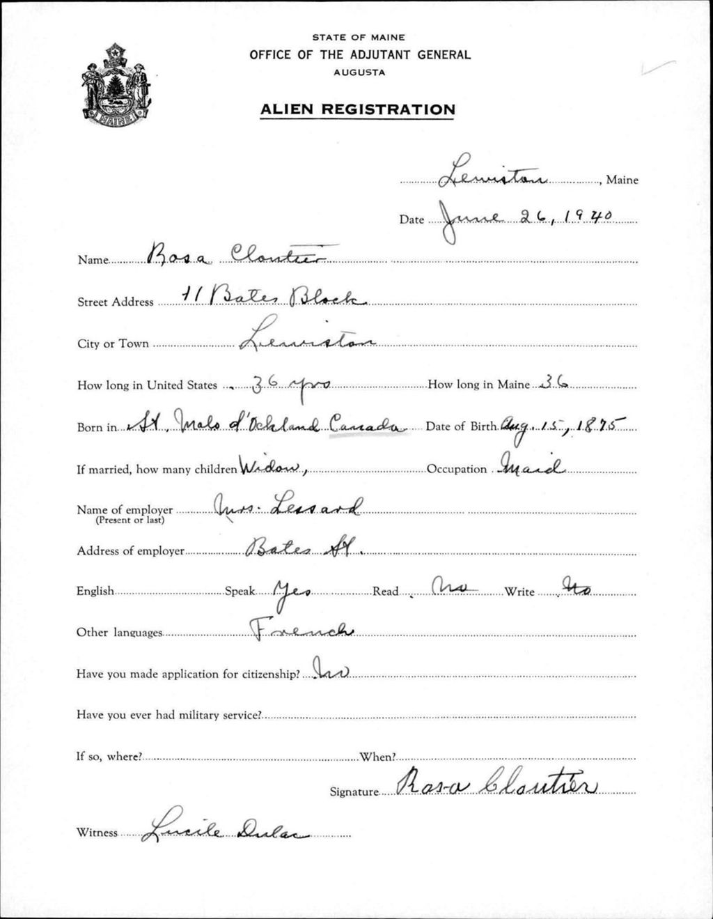 Miniature of Alien Registration- Cloutier, Rosa (Lewiston, Androscoggin County)