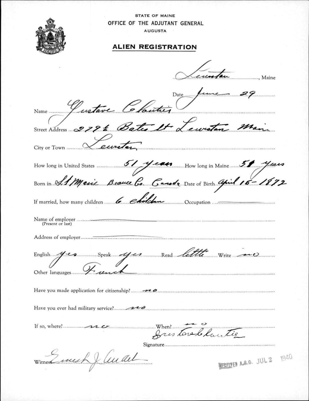 Miniature of Alien Registration- Cloutier, Gustave (Lewiston, Androscoggin County)