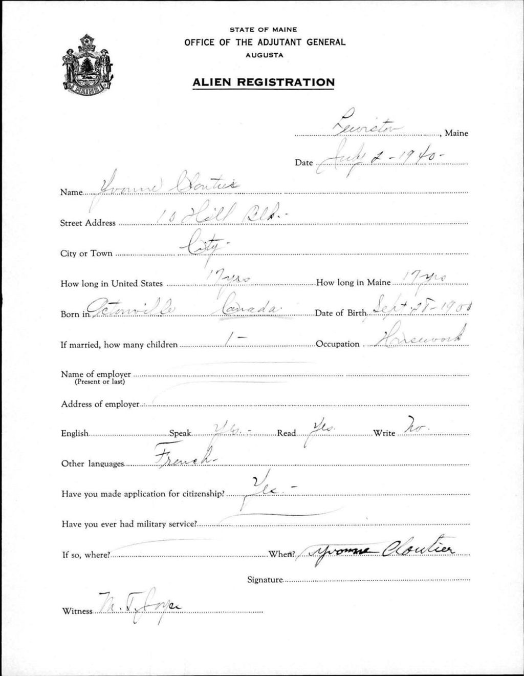 Miniature of Alien Registration- Cloutier, Yvonne (Lewiston, Androscoggin County)