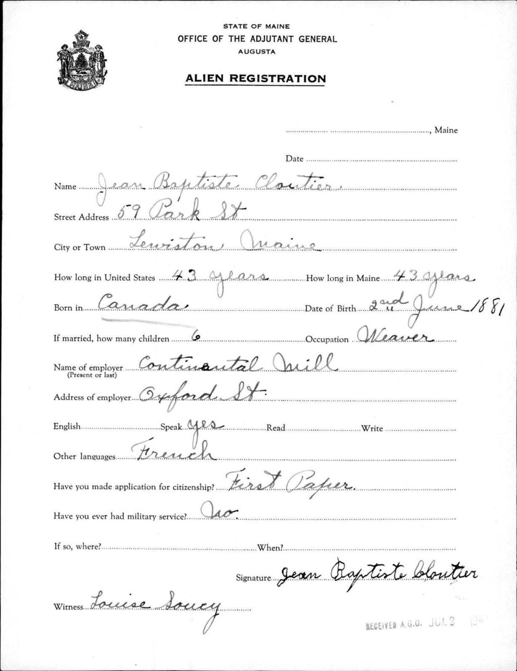 Miniature of Alien Registration- Cloutier, Jean B. (Lewiston, Androscoggin County)