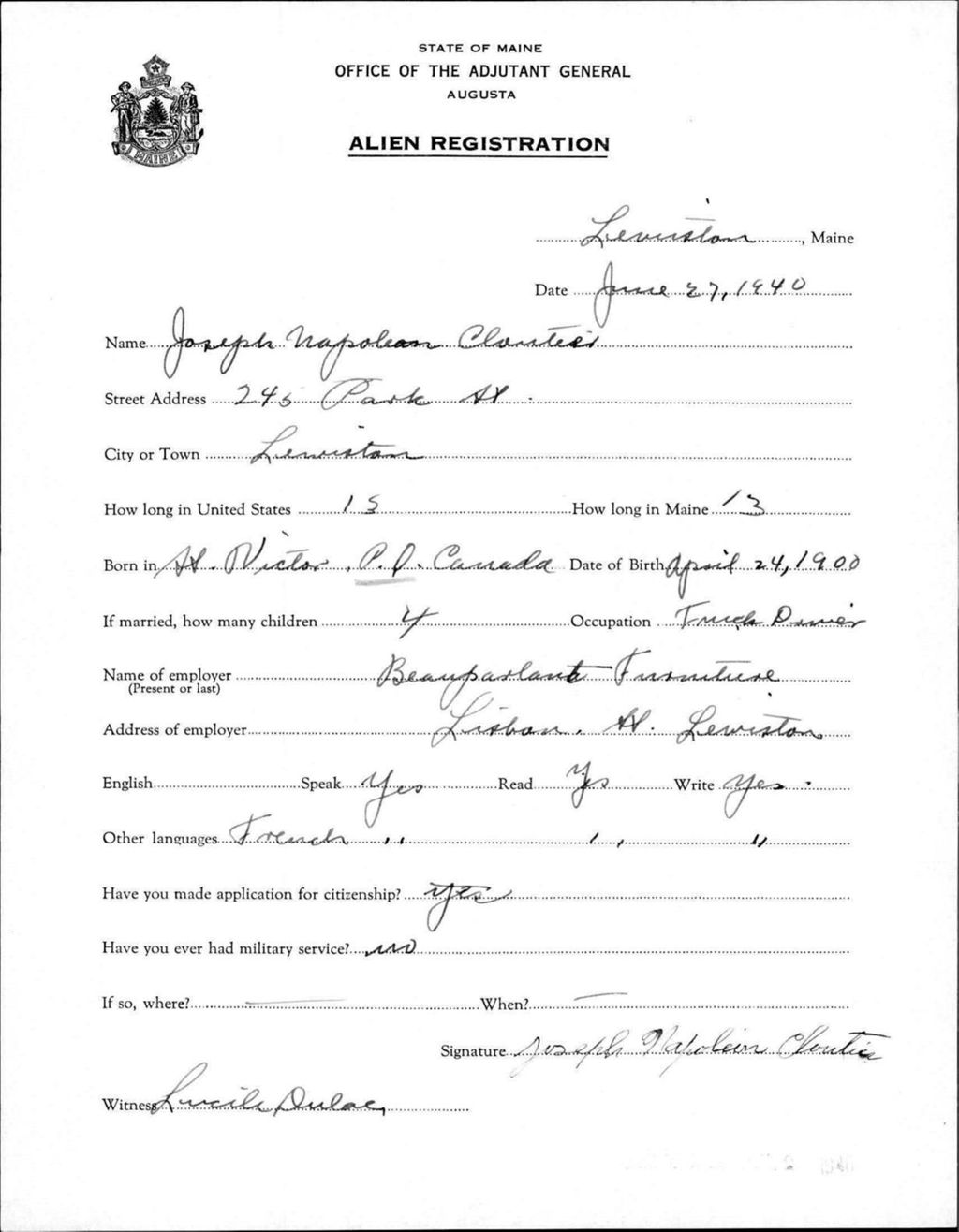 Miniature of Alien Registration- Cloutier, Joseph N. (Lewiston, Androscoggin County)