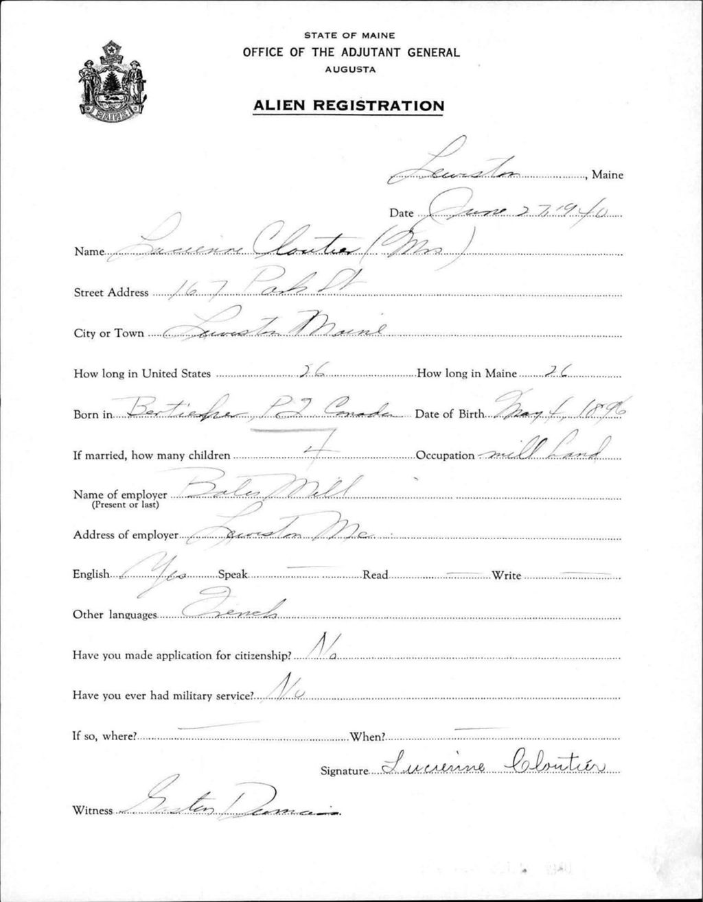 Miniature of Alien Registration- Cloutier, Lucienne (Lewiston, Androscoggin County)