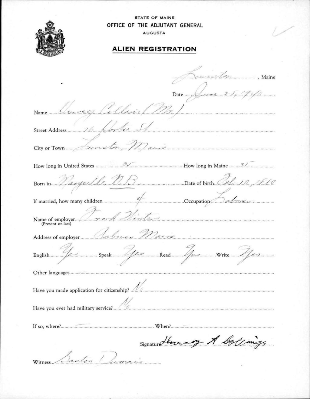 Miniature of Alien Registration- Collins, Harvey (Lewiston, Androscoggin County)