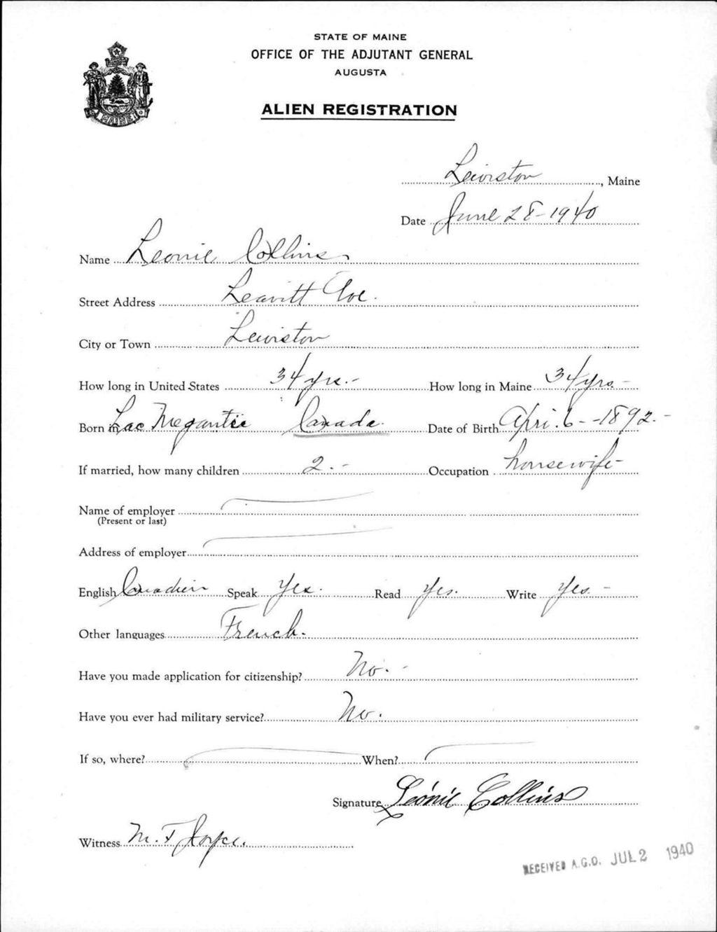 Miniature of Alien Registration- Collins, Leonie (Lewiston, Androscoggin County)