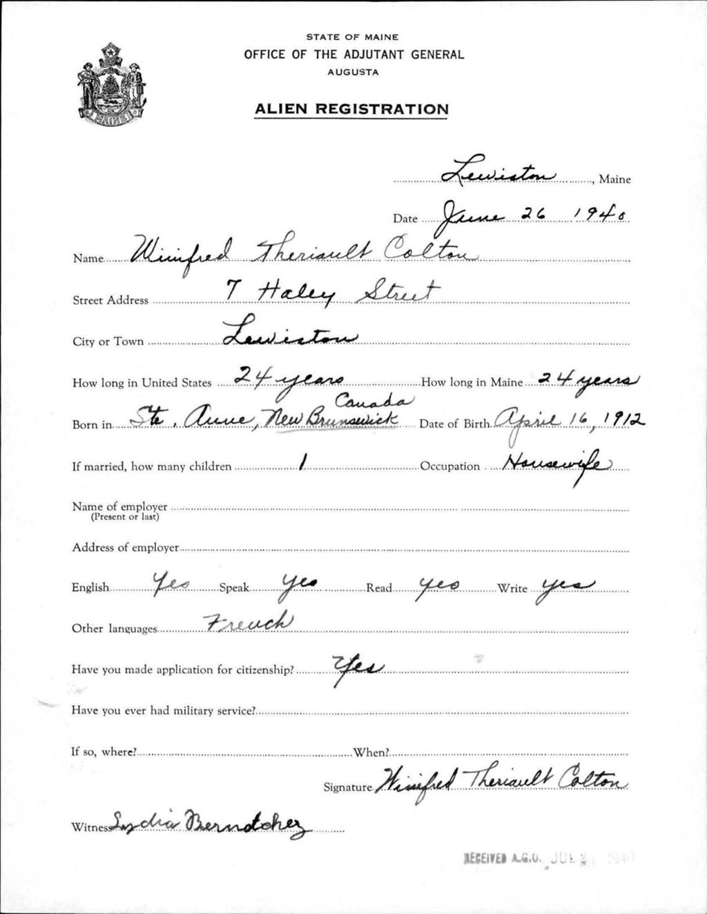 Miniature of Alien Registration- Theriault, Winifred (Lewiston, Androscoggin County)