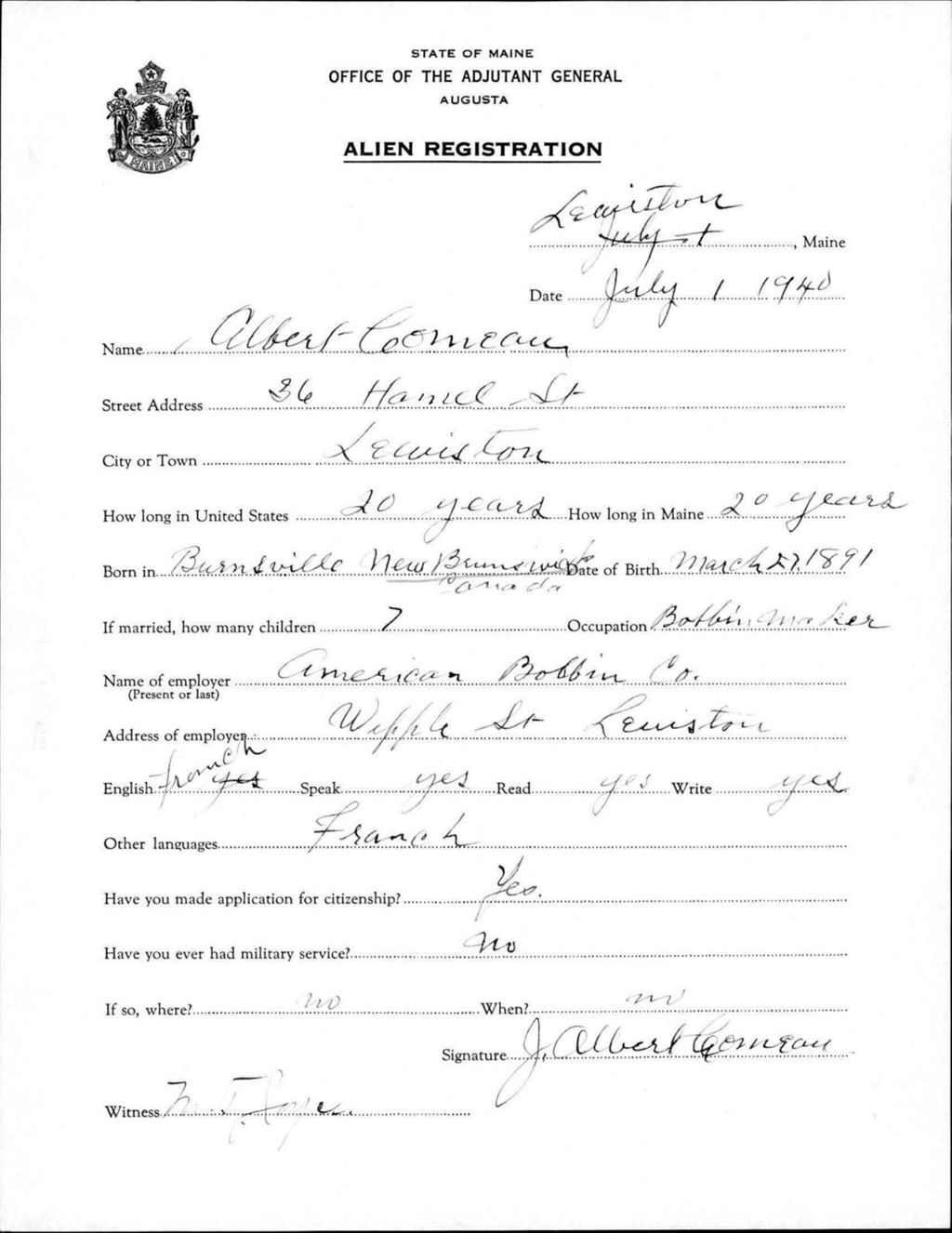 Miniature of Alien Registration- Comeau, J Albert (Lewiston, Androscoggin County)
