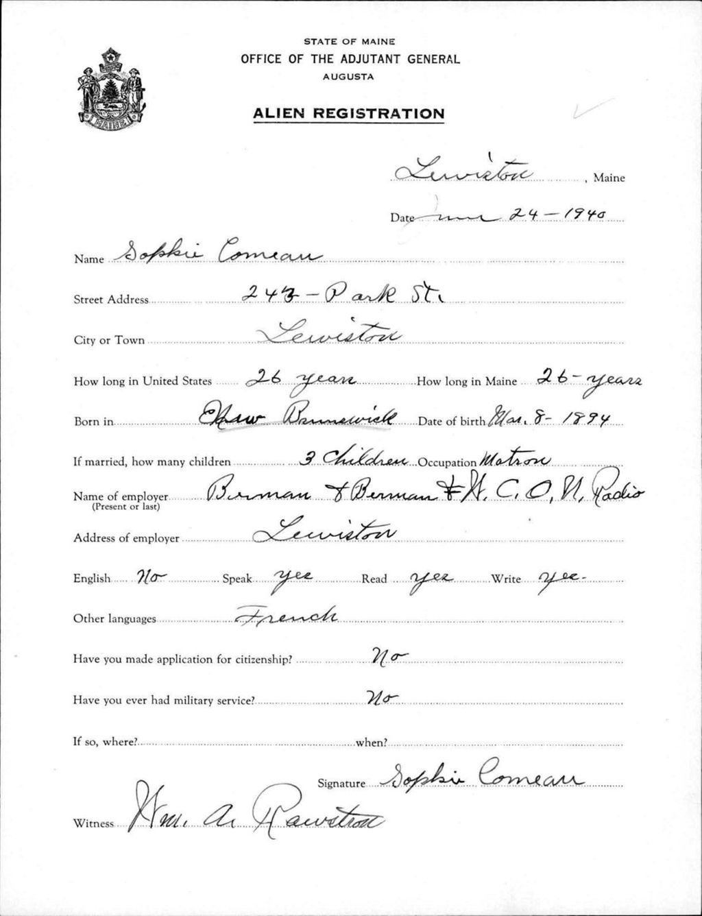 Miniature of Alien Registration- Comeau, Sophie (Lewiston, Androscoggin County)