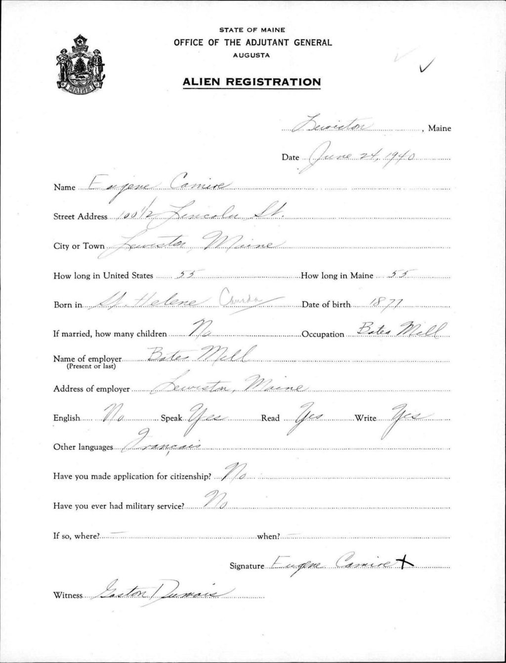 Miniature of Alien Registration- Camire, Eugene (Lewiston, Androscoggin County)