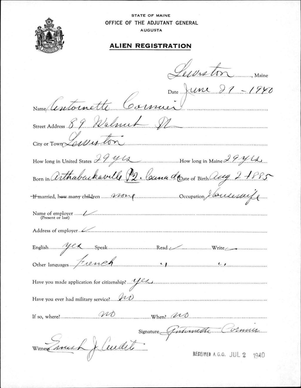 Miniature of Alien Registration- Cormier, Antoinette (Lewiston, Androscoggin County)