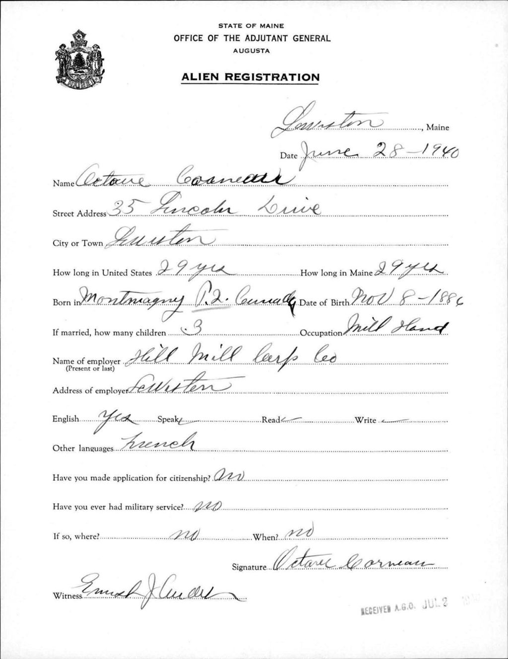 Miniature of Alien Registration- Cormier, Octave (Lewiston, Androscoggin County)