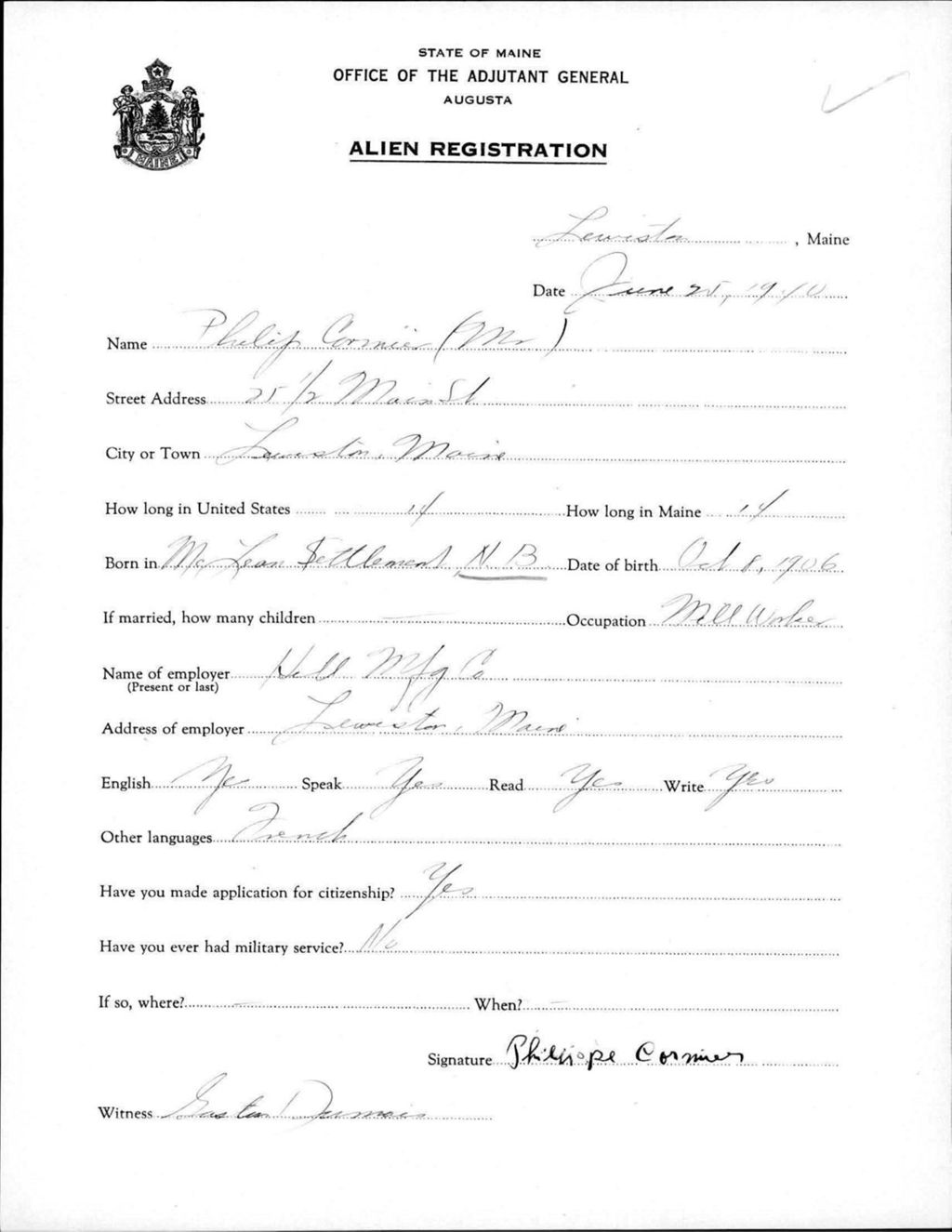 Miniature of Alien Registration- Cormier, Philip (Lewiston, Androscoggin County)