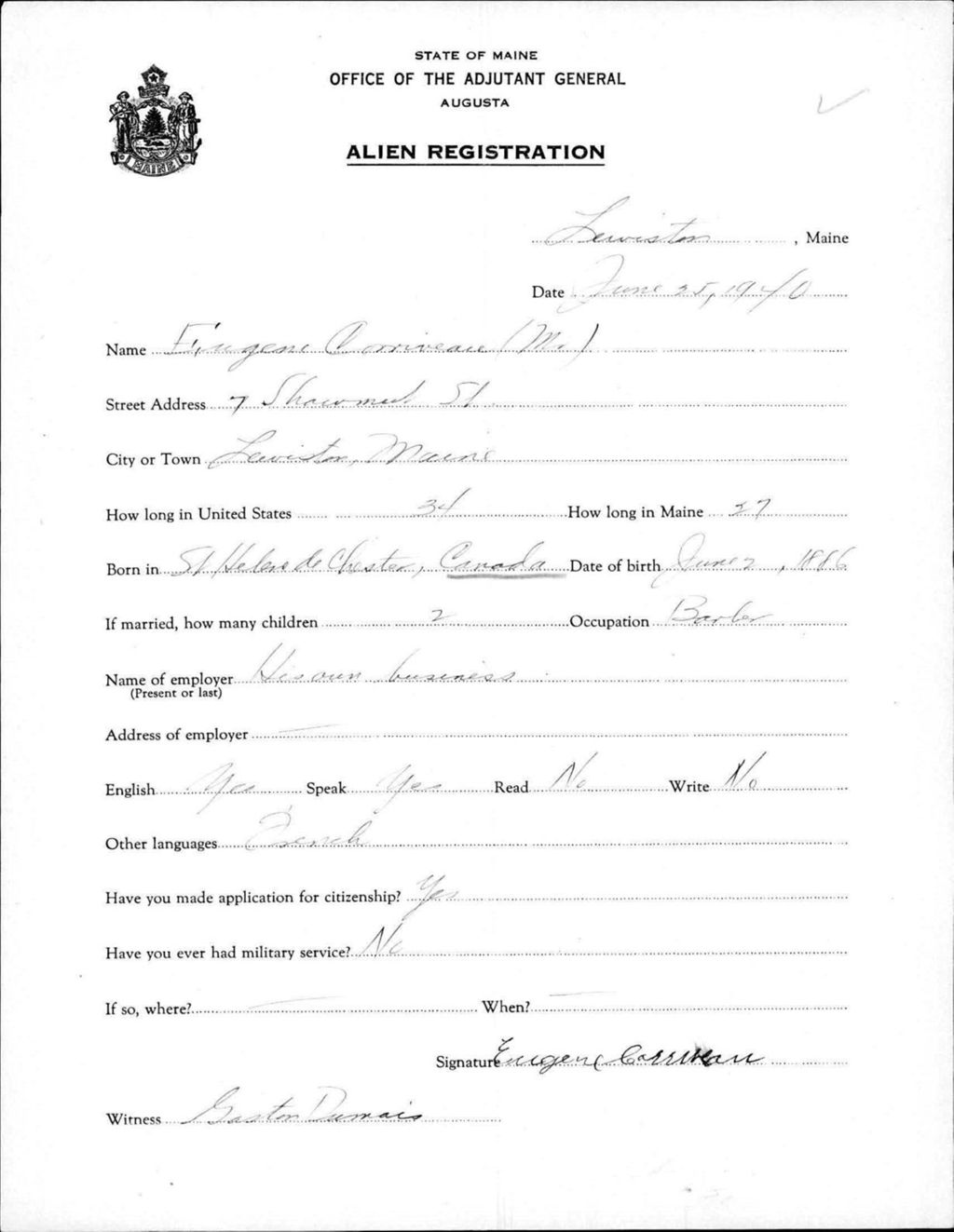 Miniature of Alien Registration- Corriveau, Eugene (Lewiston, Androscoggin County)