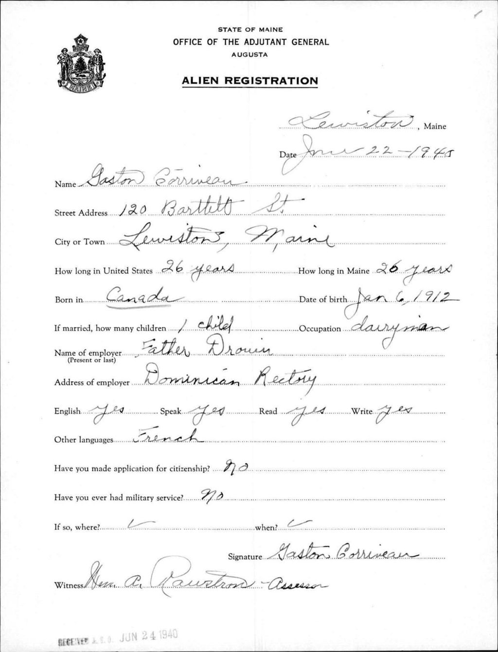 Miniature of Alien Registration- Corriveau, Gaston (Lewiston, Androscoggin County)