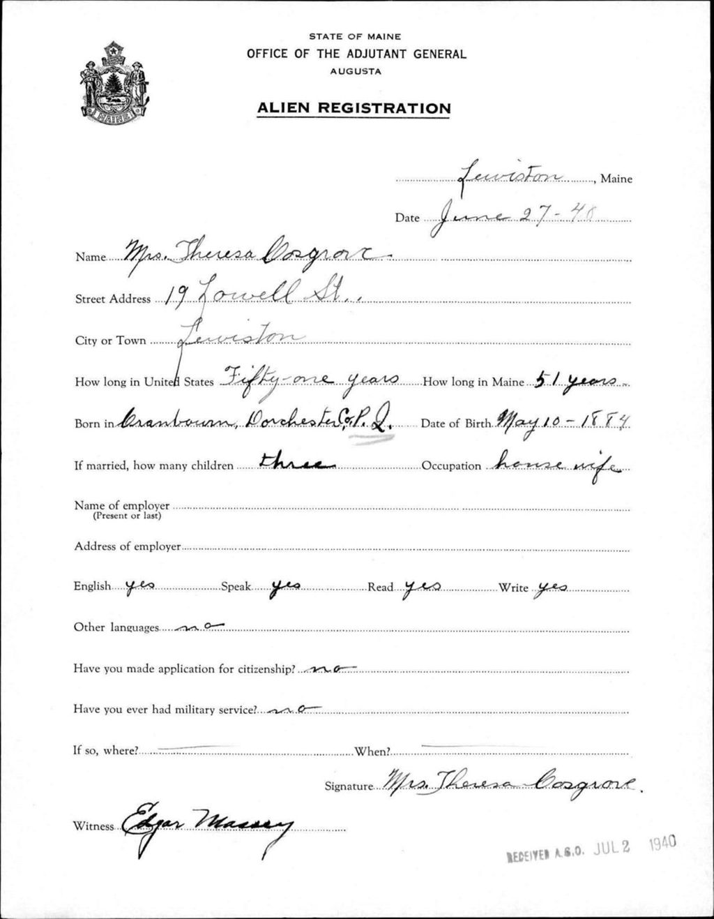 Miniature of Alien Registration- Cosgrove, Theresa (Lewiston, Androscoggin County)
