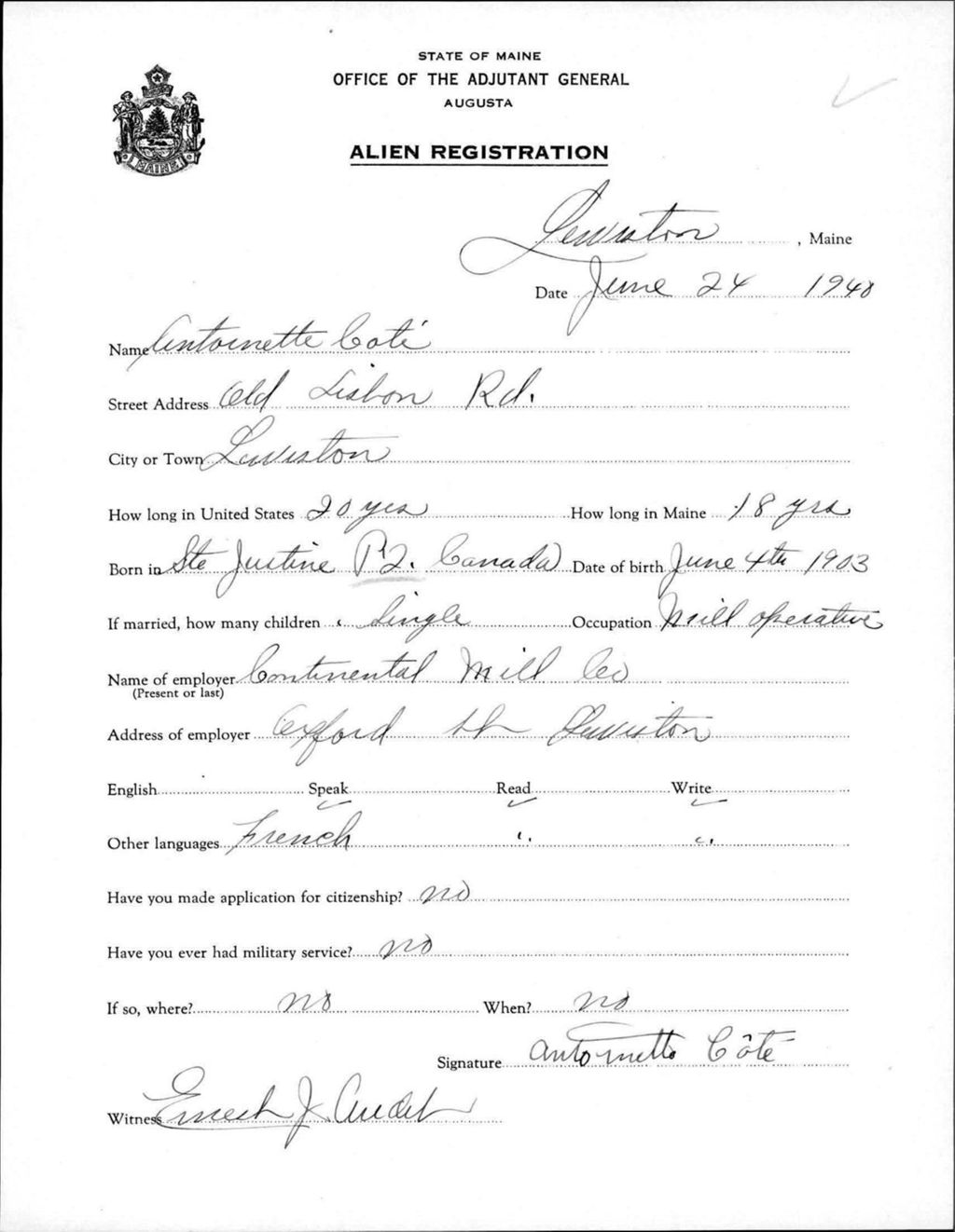 Miniature of Alien Registration- Cote, Antoinette (Lewiston, Androscoggin County)