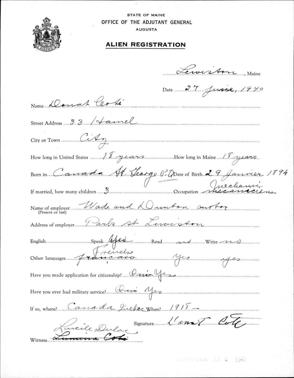 Miniature of Alien Registration- Cote, Donat (Lewiston, Androscoggin County)