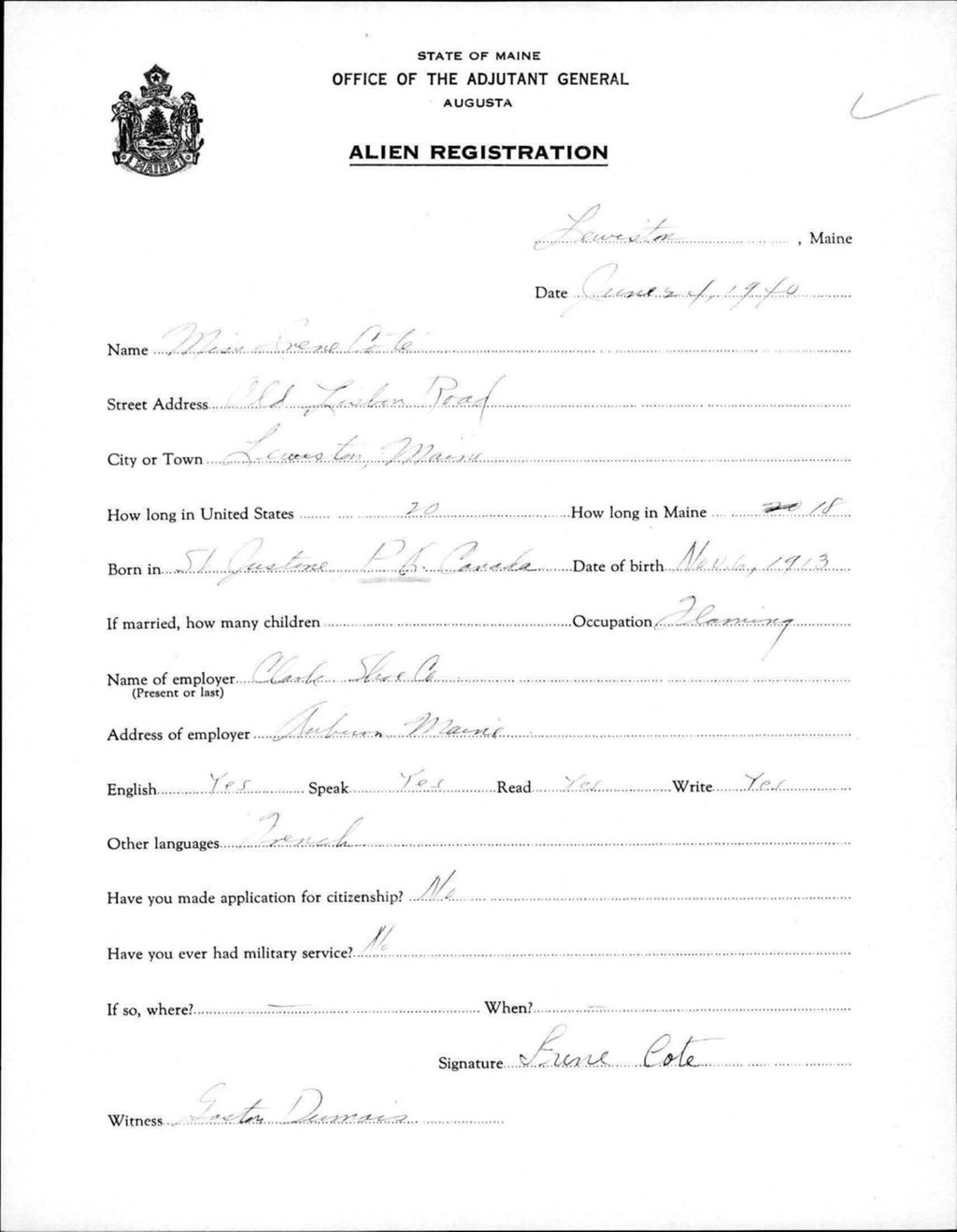Miniature of Alien Registration- Cote, Irene (Lewiston, Androscoggin County)