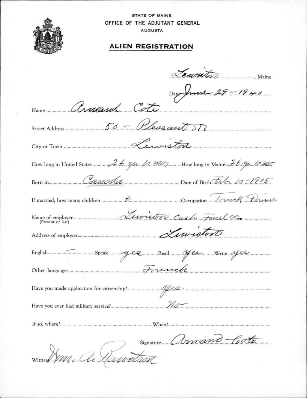 Miniature of Alien Registration- Cote, Armand (Lewiston, Androscoggin County)