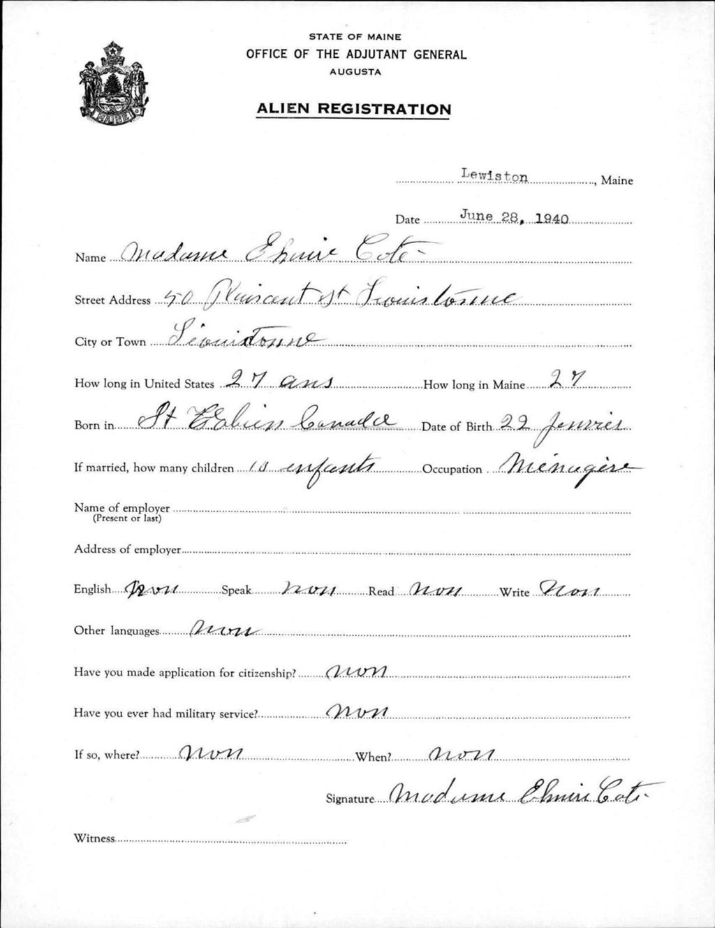 Miniature of Alien Registration- Cote, Nadine E. (Lewiston, Androscoggin County)