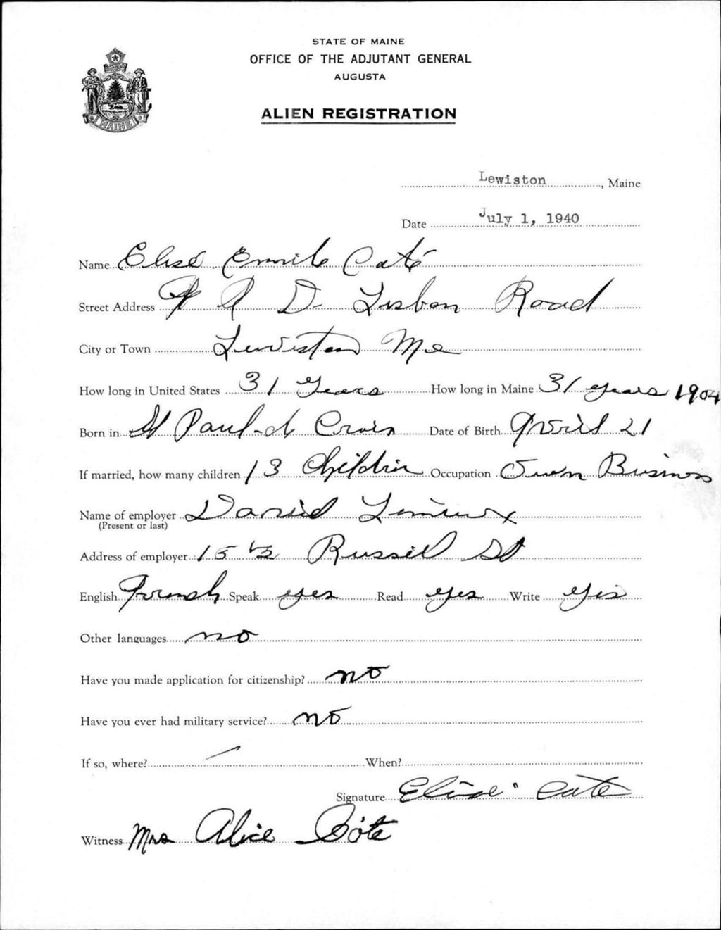 Miniature of Alien Registration- Cote, Elise C. (Lewiston, Androscoggin County)