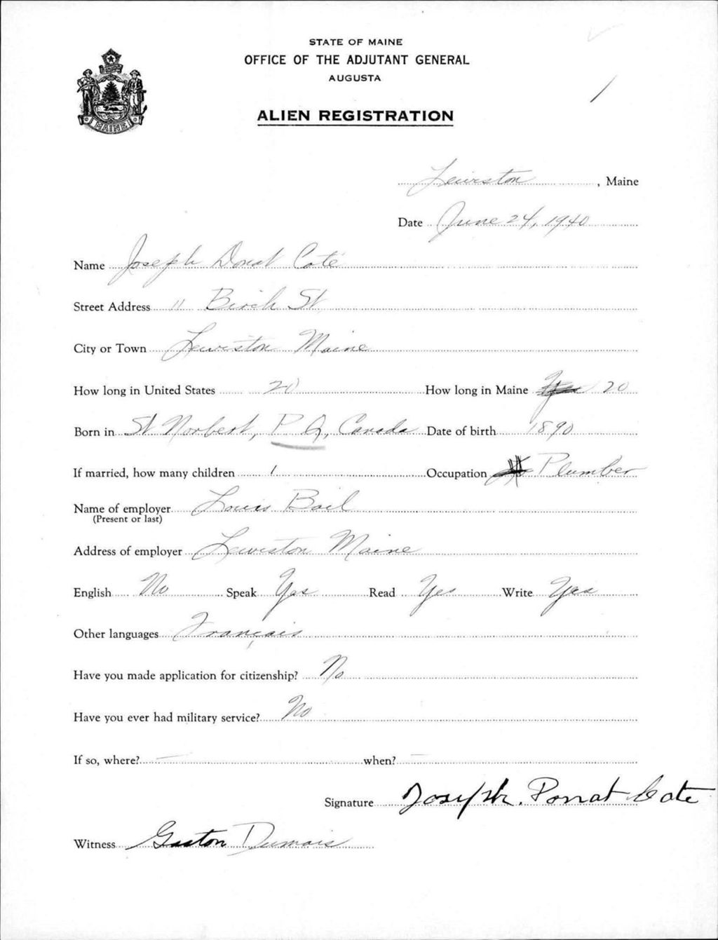 Miniature of Alien Registration- Cote, Joseph D. (Lewiston, Androscoggin County)