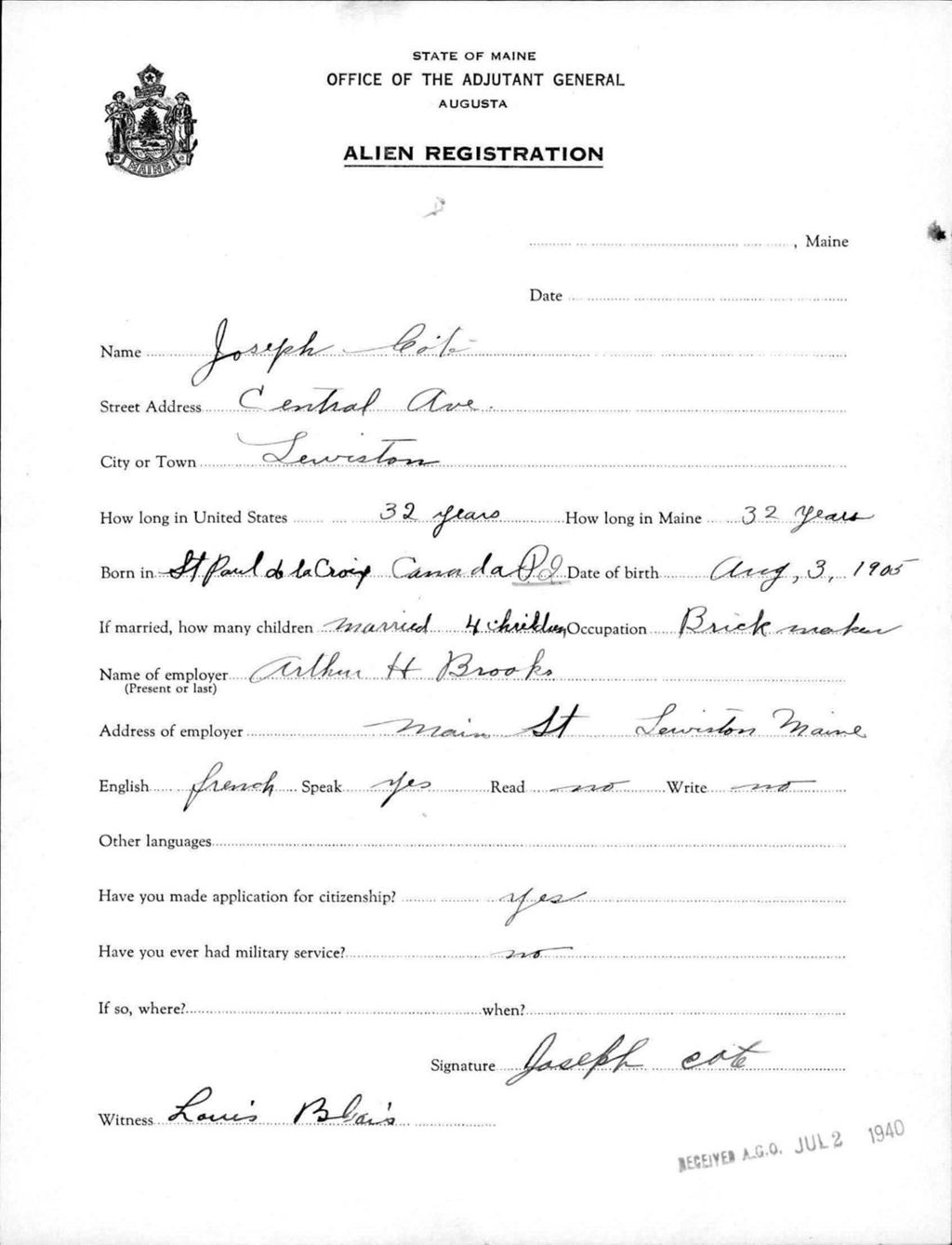 Miniature of Alien Registration- Cote, Joseph (Lewiston, Androscoggin County)