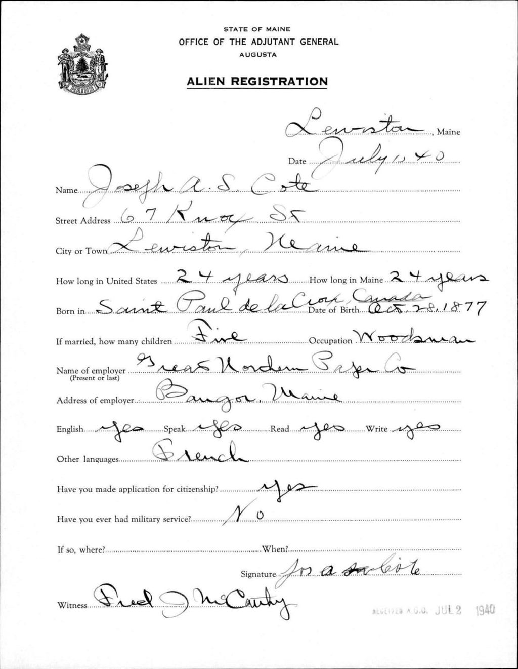 Miniature of Alien Registration- Cote, Joseph A S. (Lewiston, Androscoggin County)