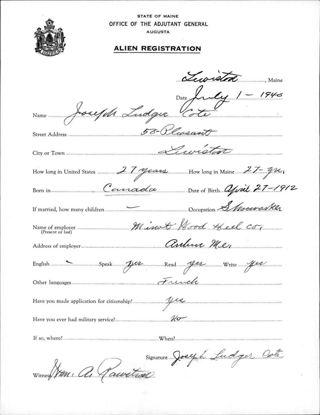 Miniature of Alien Registration- Cote, Joseph L. (Lewiston, Androscoggin County)