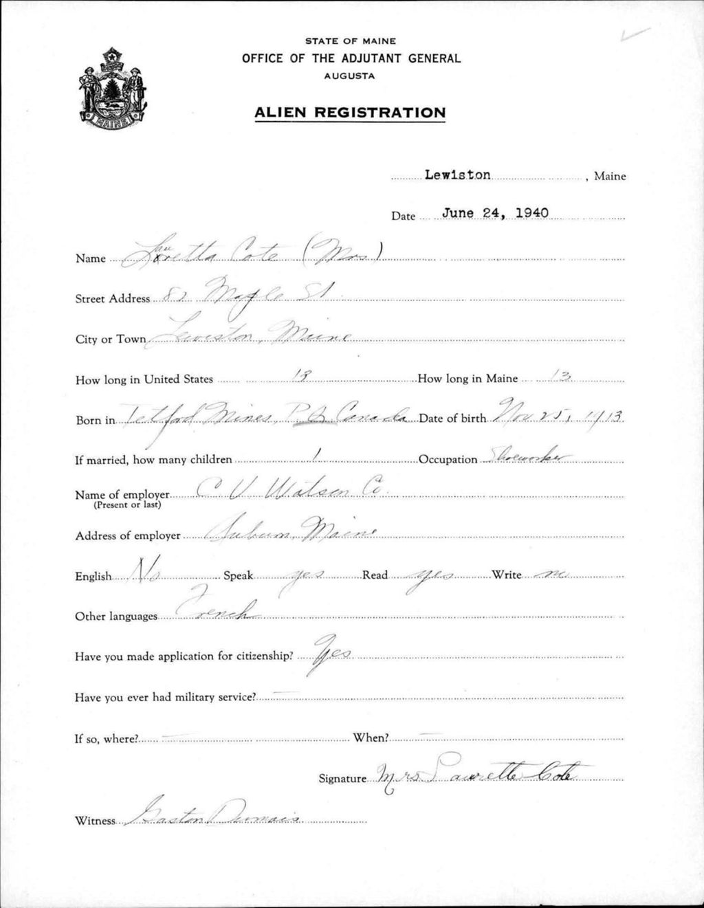 Miniature of Alien Registration- Cote, Loretta (Lewiston, Androscoggin County)