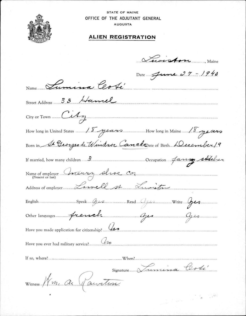 Miniature of Alien Registration- Cote, Lumina (Lewiston, Androscoggin County)