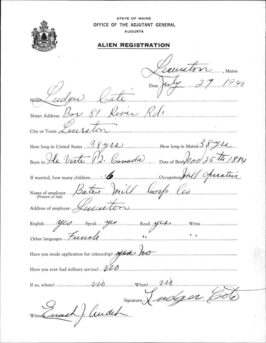 Miniature of Alien Registration- Cote, Ludger (Lewiston, Androscoggin County)
