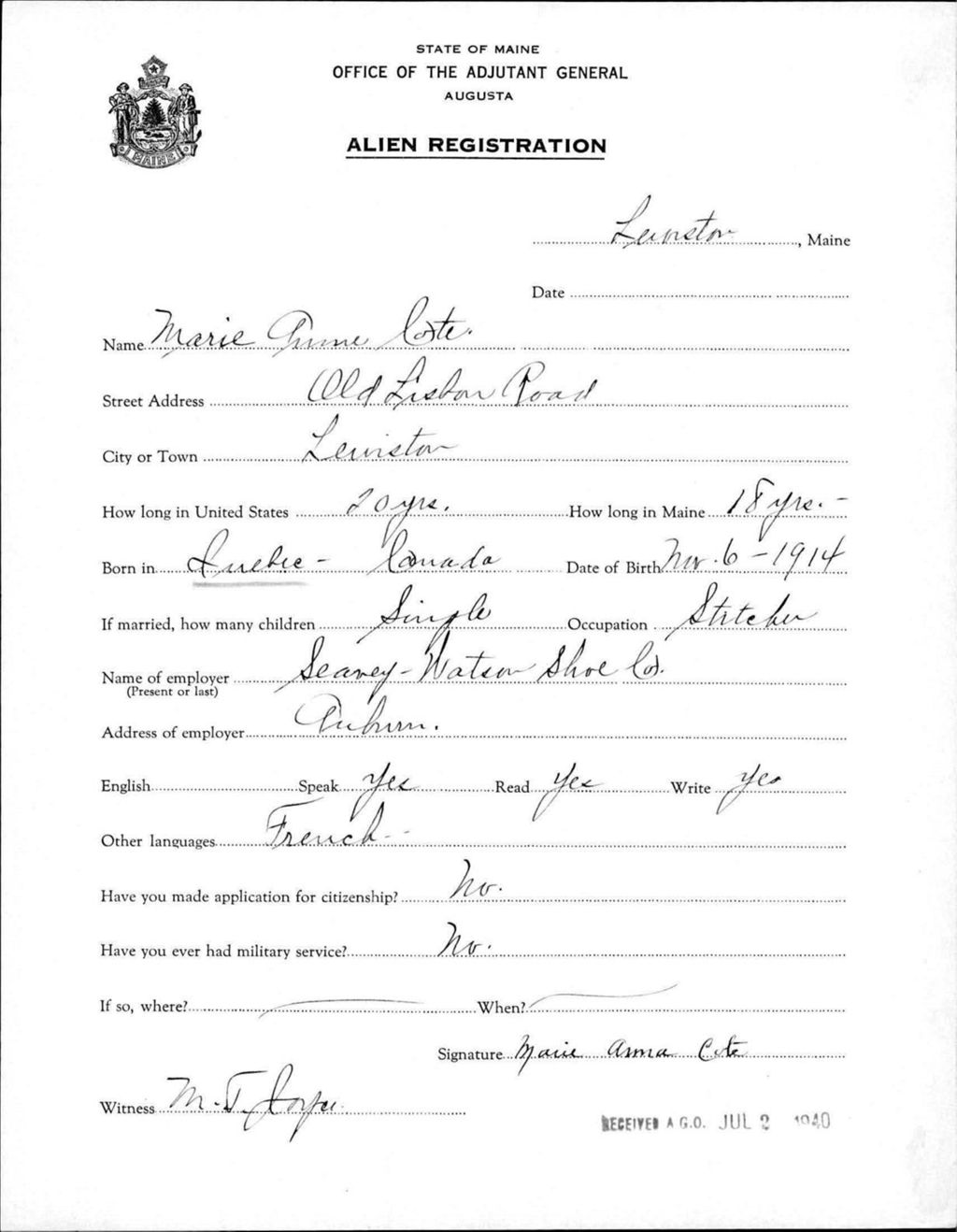 Miniature of Alien Registration- Cote, Marie A. (Lewiston, Androscoggin County)