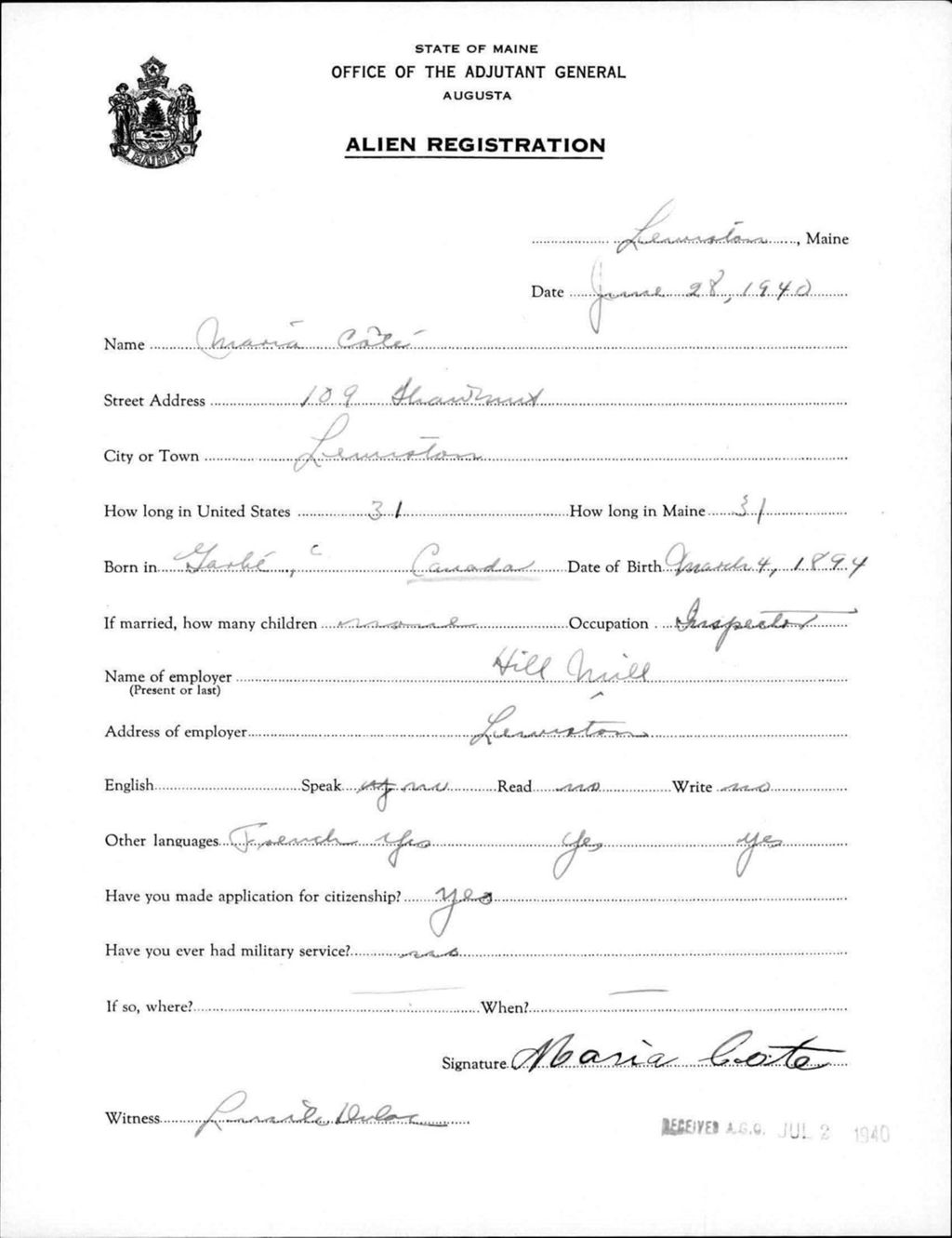 Miniature of Alien Registration- Cote, Maria (Lewiston, Androscoggin County)