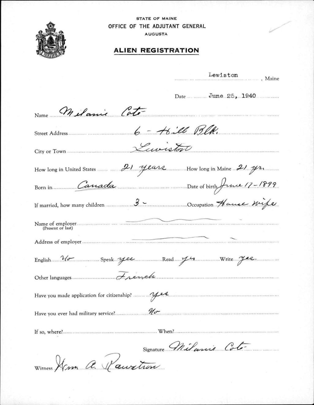 Miniature of Alien Registration- Cote, Melanie (Lewiston, Androscoggin County)