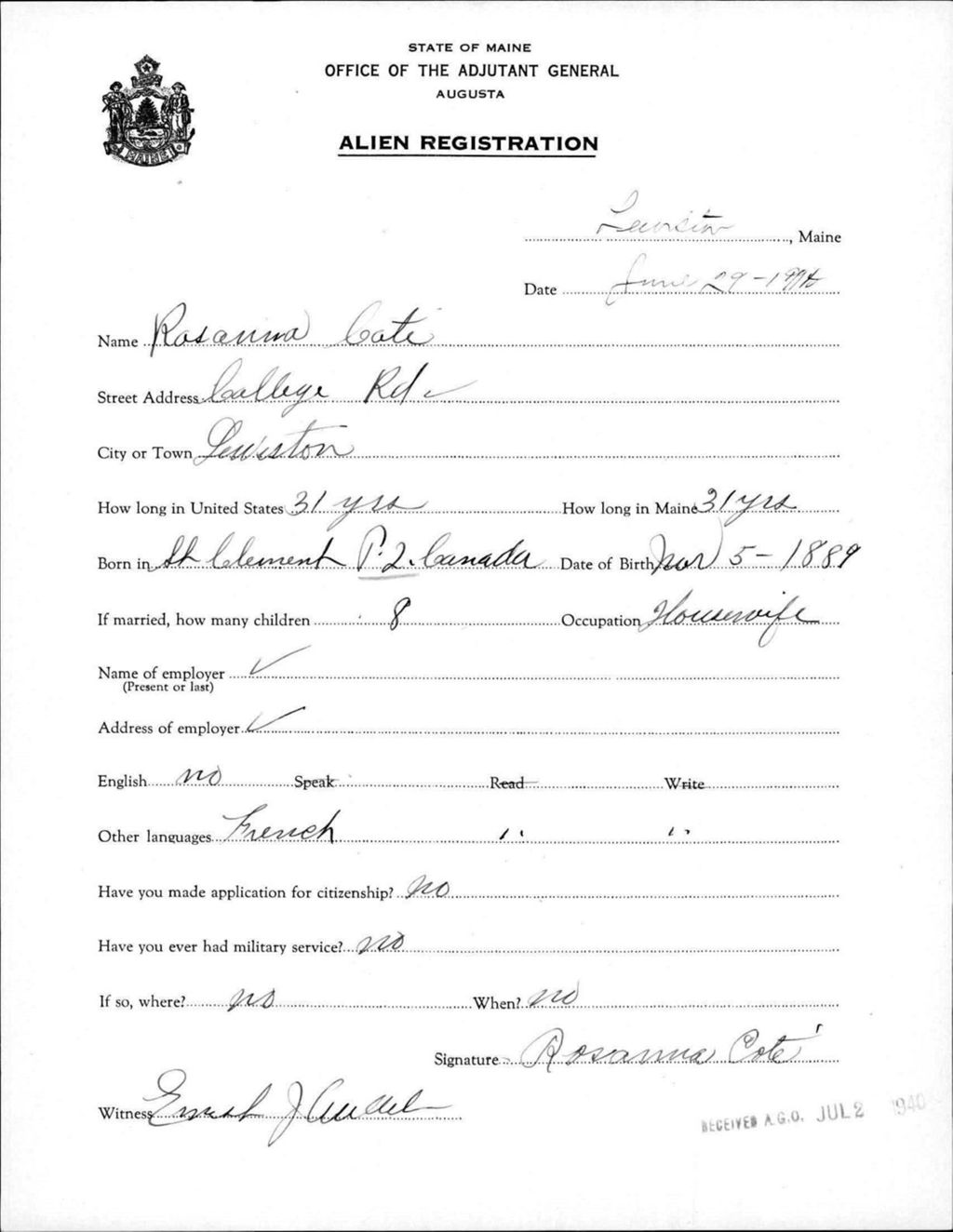 Miniature of Alien Registration- Cote, Rosanna (Lewiston, Androscoggin County)
