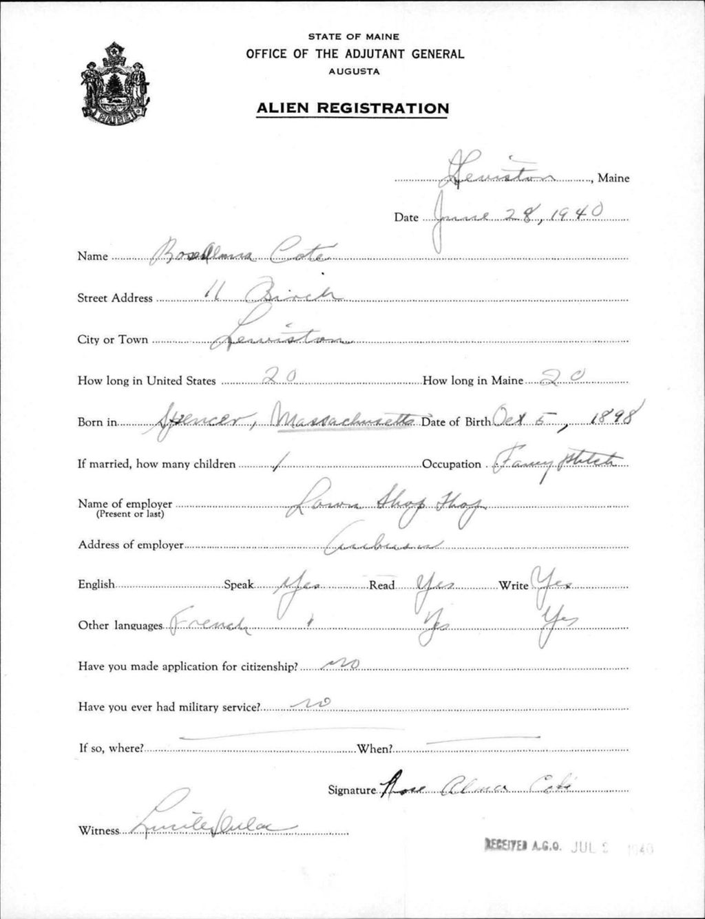 Miniature of Alien Registration- Cote, Rose A. (Lewiston, Androscoggin County)