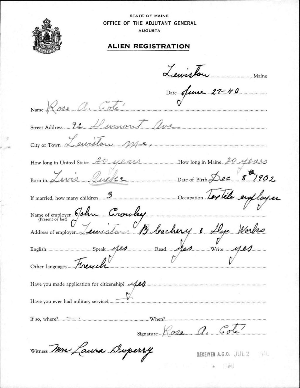 Miniature of Alien Registration- Cote, Rose A. (Lewiston, Androscoggin County)