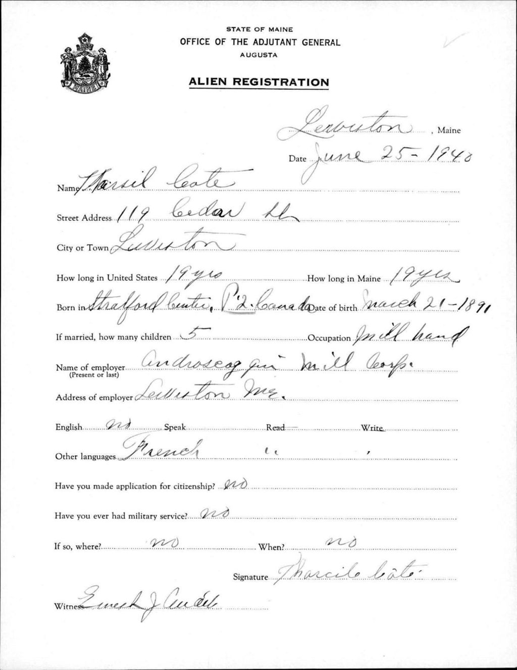Miniature of Alien Registration- Cote, Tharcile (Lewiston, Androscoggin County)