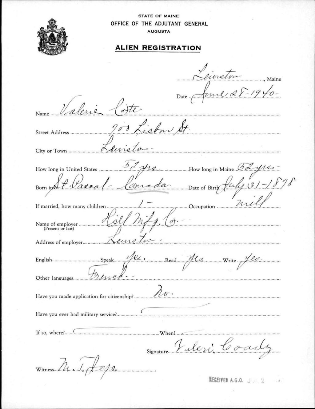 Miniature of Alien Registration- Cote, Valerie (Lewiston, Androscoggin County)