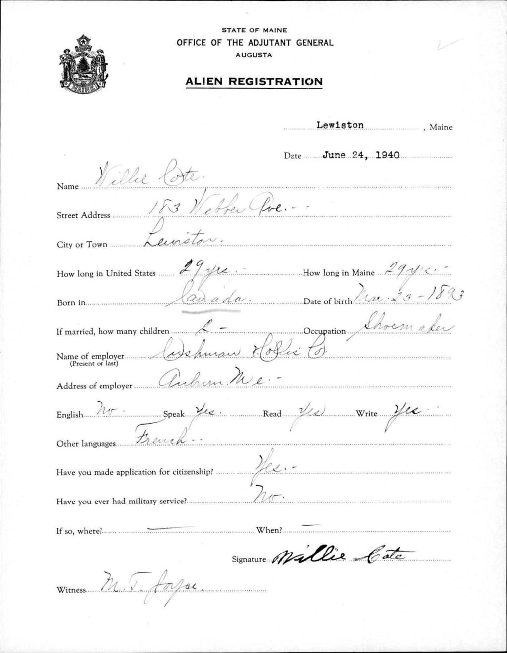 Miniature of Alien Registration- Cote, Willie (Lewiston, Androscoggin County)
