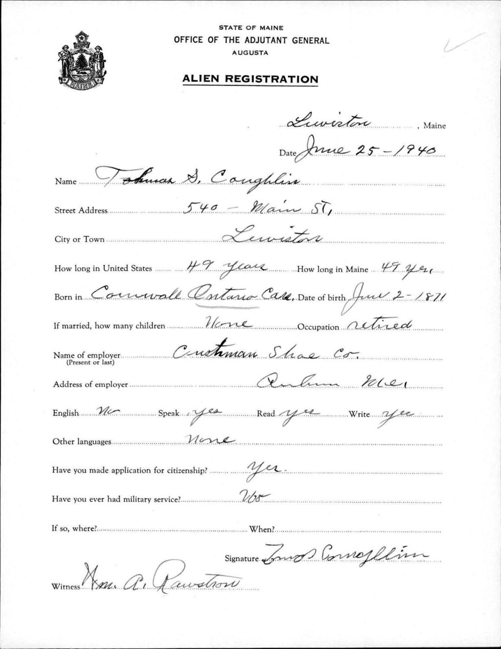 Miniature of Alien Registration- Coughlin, Thomas S. (Lewiston, Androscoggin County)