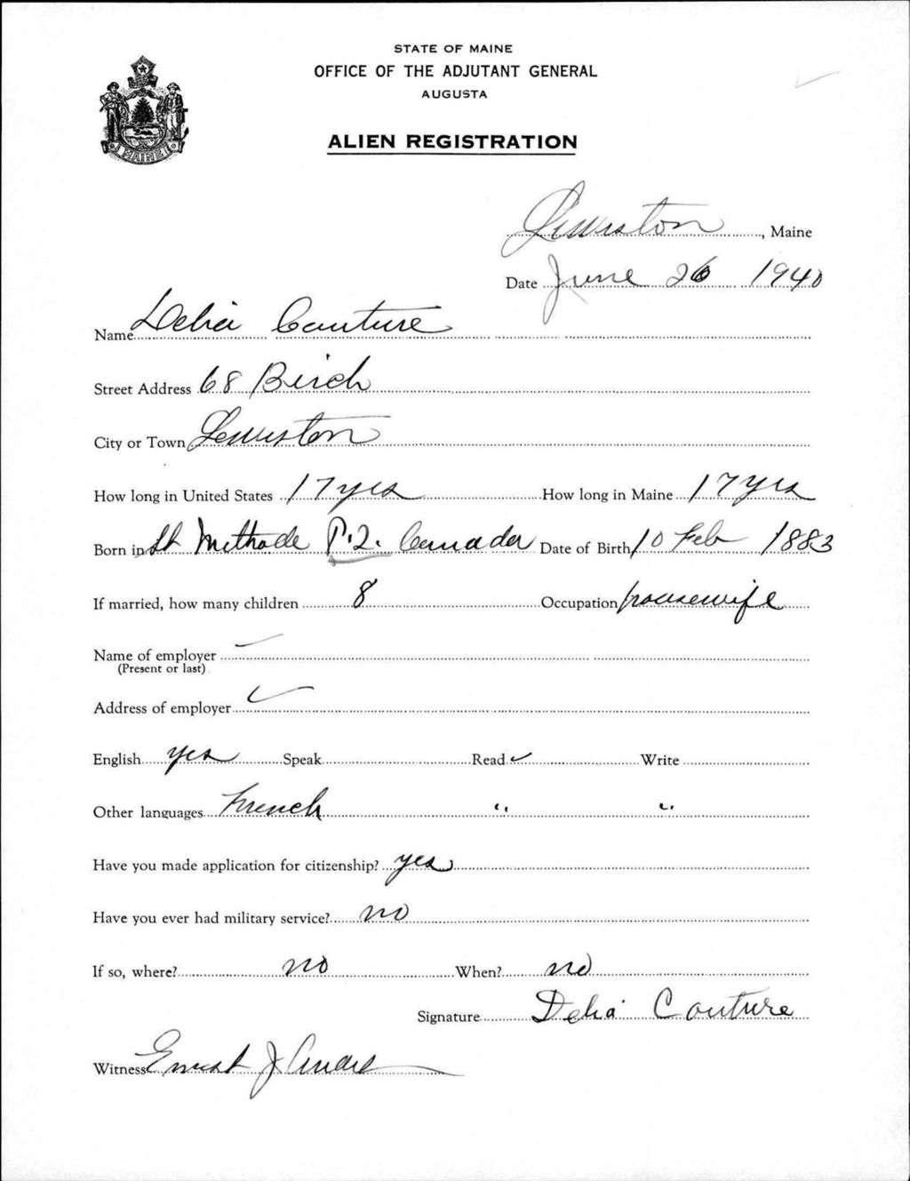 Miniature of Alien Registration- Couture, Delia (Lewiston, Androscoggin County)