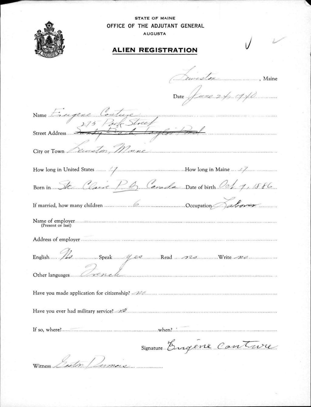Miniature of Alien Registration- Couture, Eugene (Lewiston, Androscoggin County)
