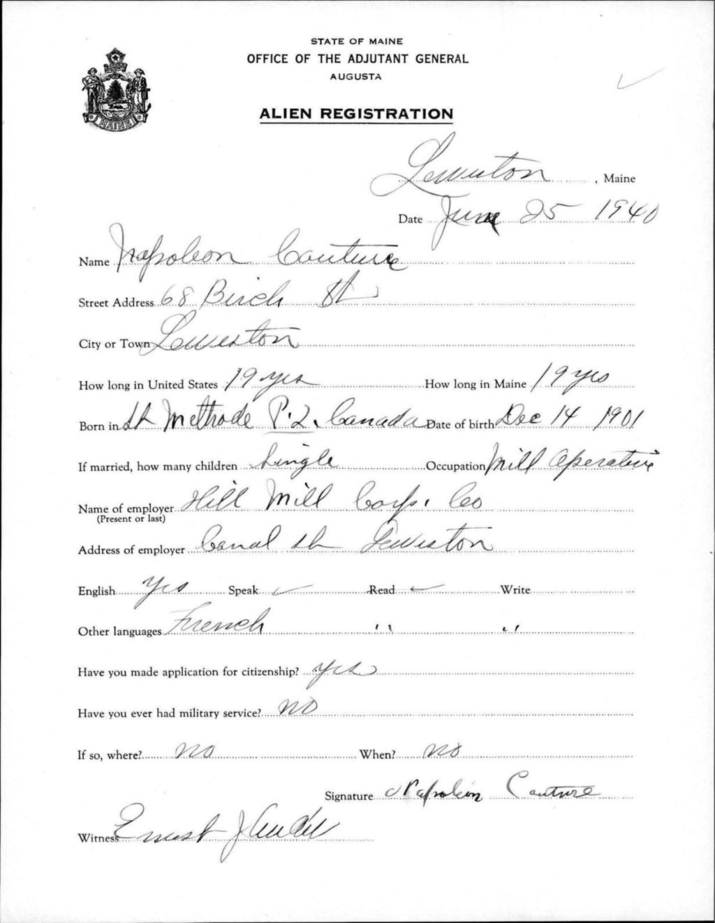 Miniature of Alien Registration- Couture, Napoleon (Lewiston, Androscoggin County)